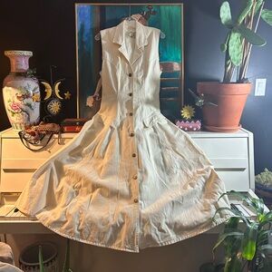 Vintage Runaway Bay Boho Sleeveless Cream Button-Down Midi Denim Dress M/L